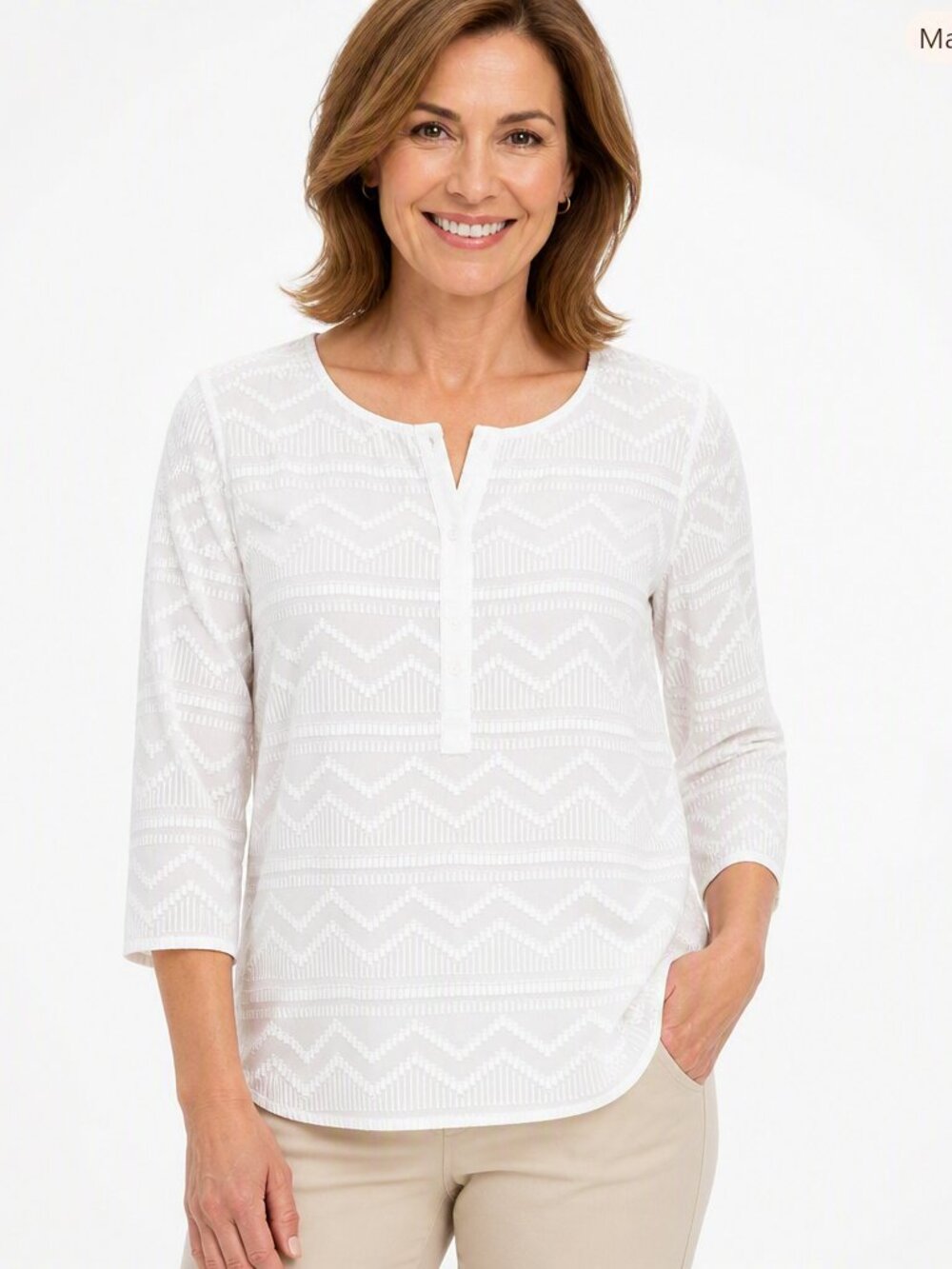 Talbots Petites Chevron Henley Blouse Mp White Sheer Sleeves Lined Classic Chic